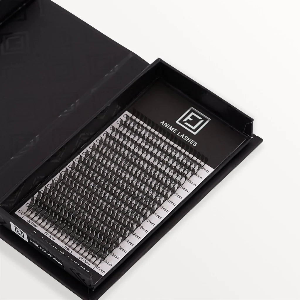 Anime Lashes Mixbox – Spiky Premade Fans 9–15 mm C/CC/D Curl, Manga Style Lash Extensions, offene Box