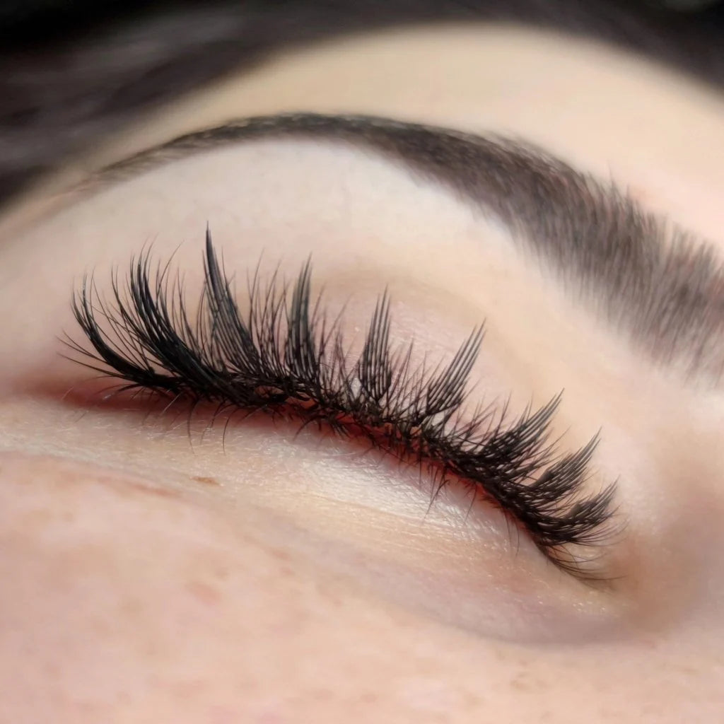 Close-up Wimpernverlängerung mit Anime Lashes, Spiky Premade Fans im Manga Style, Auge geschlossen