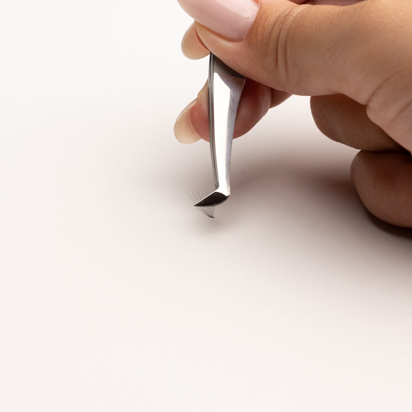 easyfan tweezer für Volumentechnik Nahansicht mit Wimper dazwischen für Wimpernverlängerung von flawless lashes by loreta aus edelstahl mit präzisem Griff.